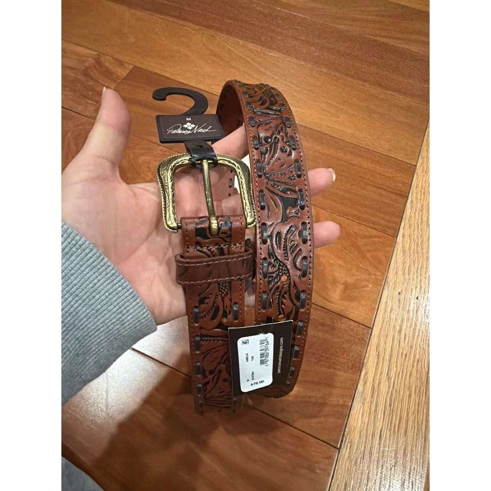 NWT Patricia Nash Amelia Tan Tooled Leather Whipstitch Belt B157294 Medium
